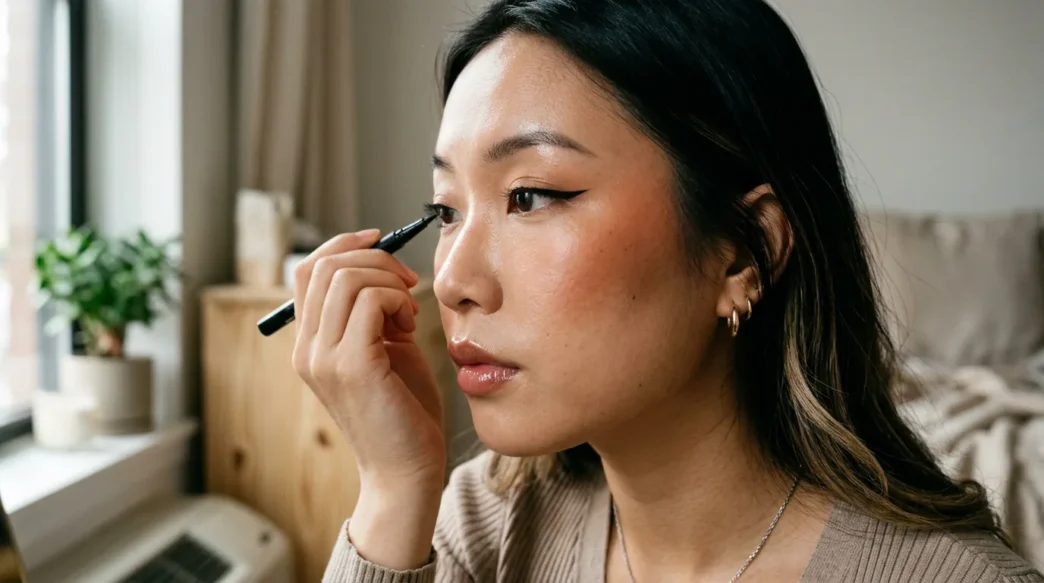 Young Asian woman with dewy skin showing completed ABG makeup look with sharp eyeliner and glossy lips
