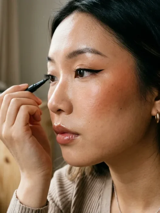 Young Asian woman with dewy skin showing completed ABG makeup look with sharp eyeliner and glossy lips