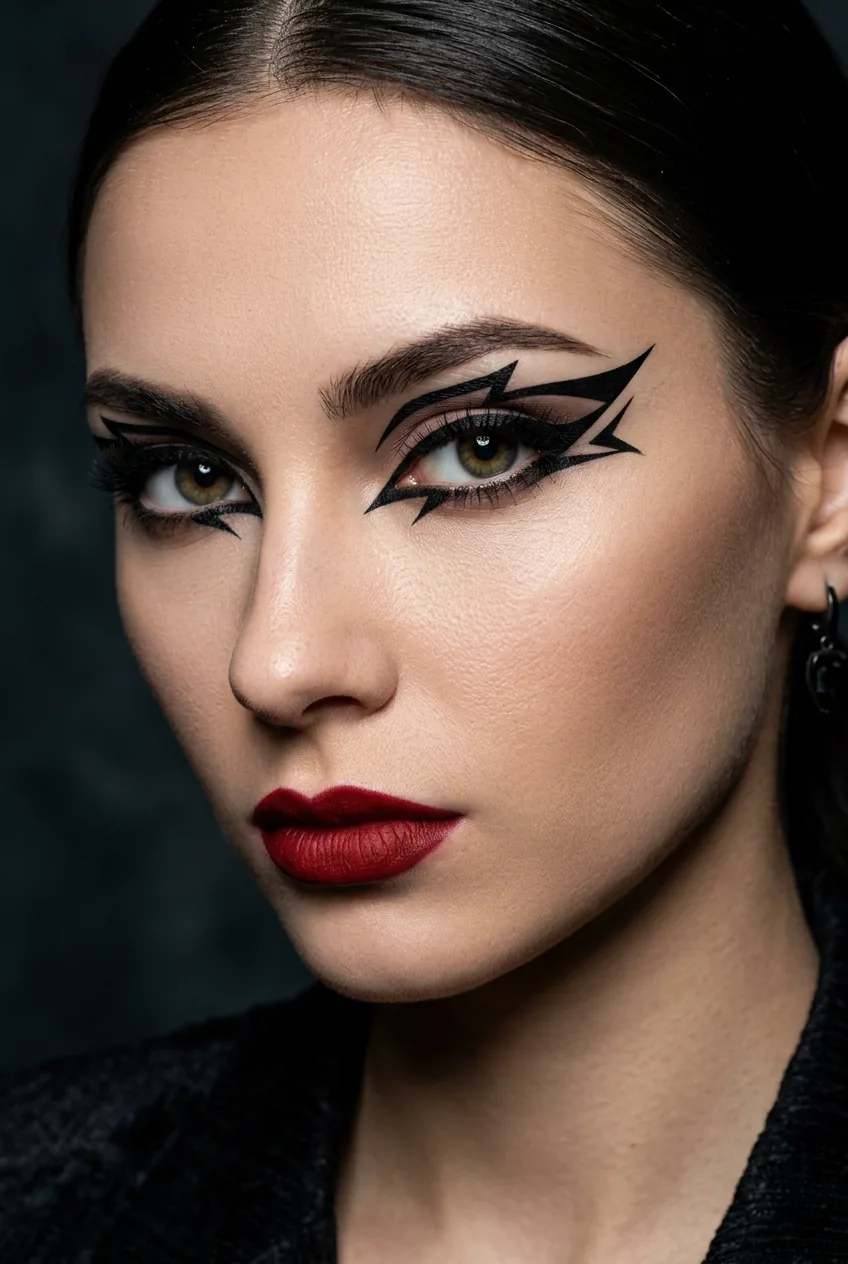 Woman wearing precise geometric eyeliner creating angular vampire-inspired graphic shapes