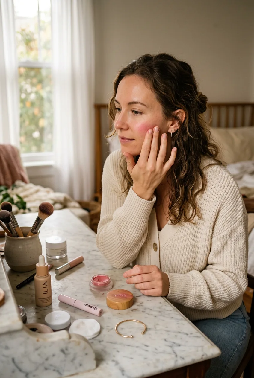 Woman applying cream blush with fingertips at marble vanity in golden hour lighting