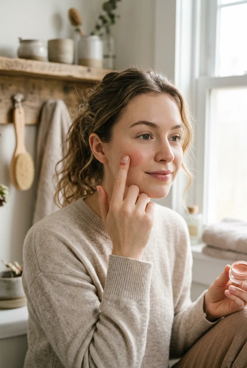 Woman applying cream blush to her cheeks with fingertips in natural bathroom lighting