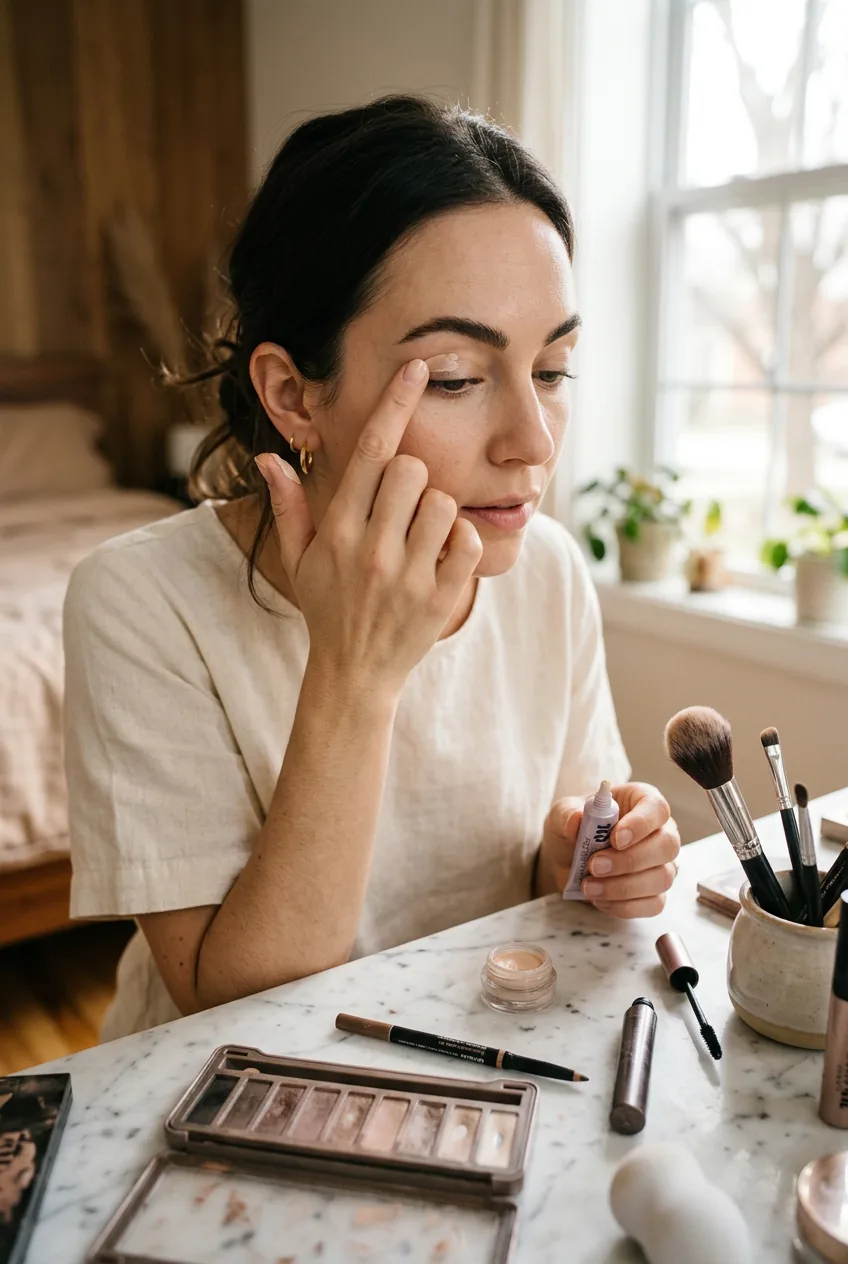Close-up of woman applying eyeshadow primer with finger on marble vanity surface