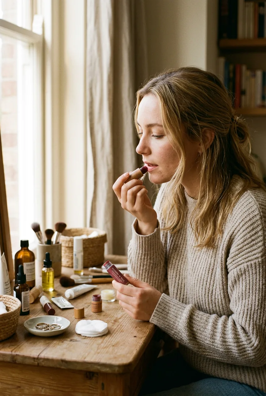 Woman applying tinted lip balm in natural morning light at vanity setting