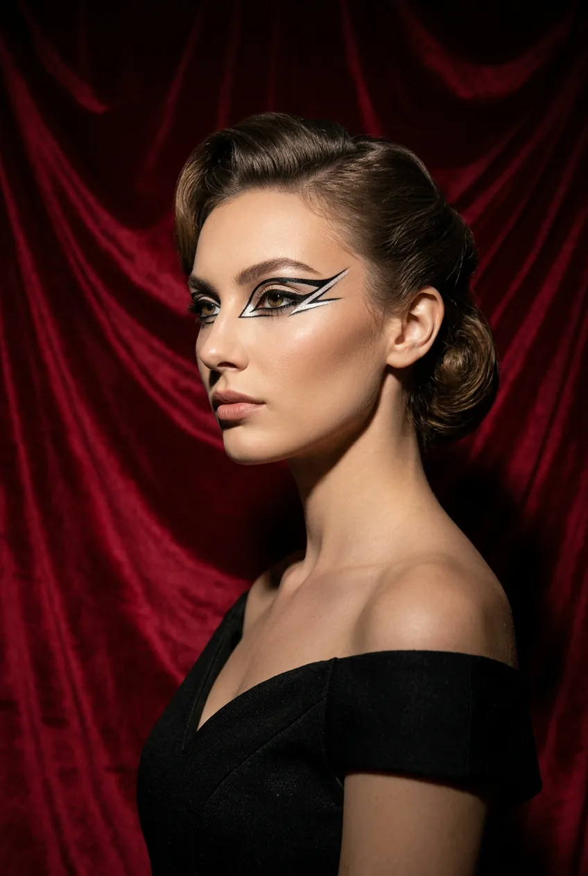 Woman with architectural black liner and white metallic details forming precise geometric shapes