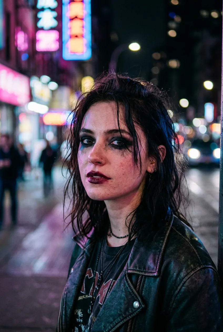 Woman with perfectly imperfect artfully undone grunge makeup under neon lights