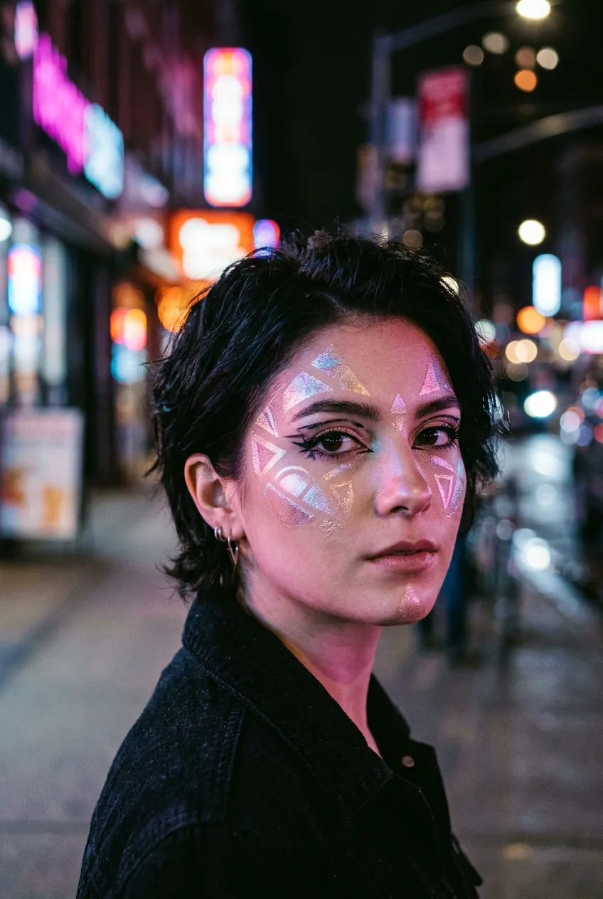 Woman with experimental geometric highlighter patterns and artistic makeup design