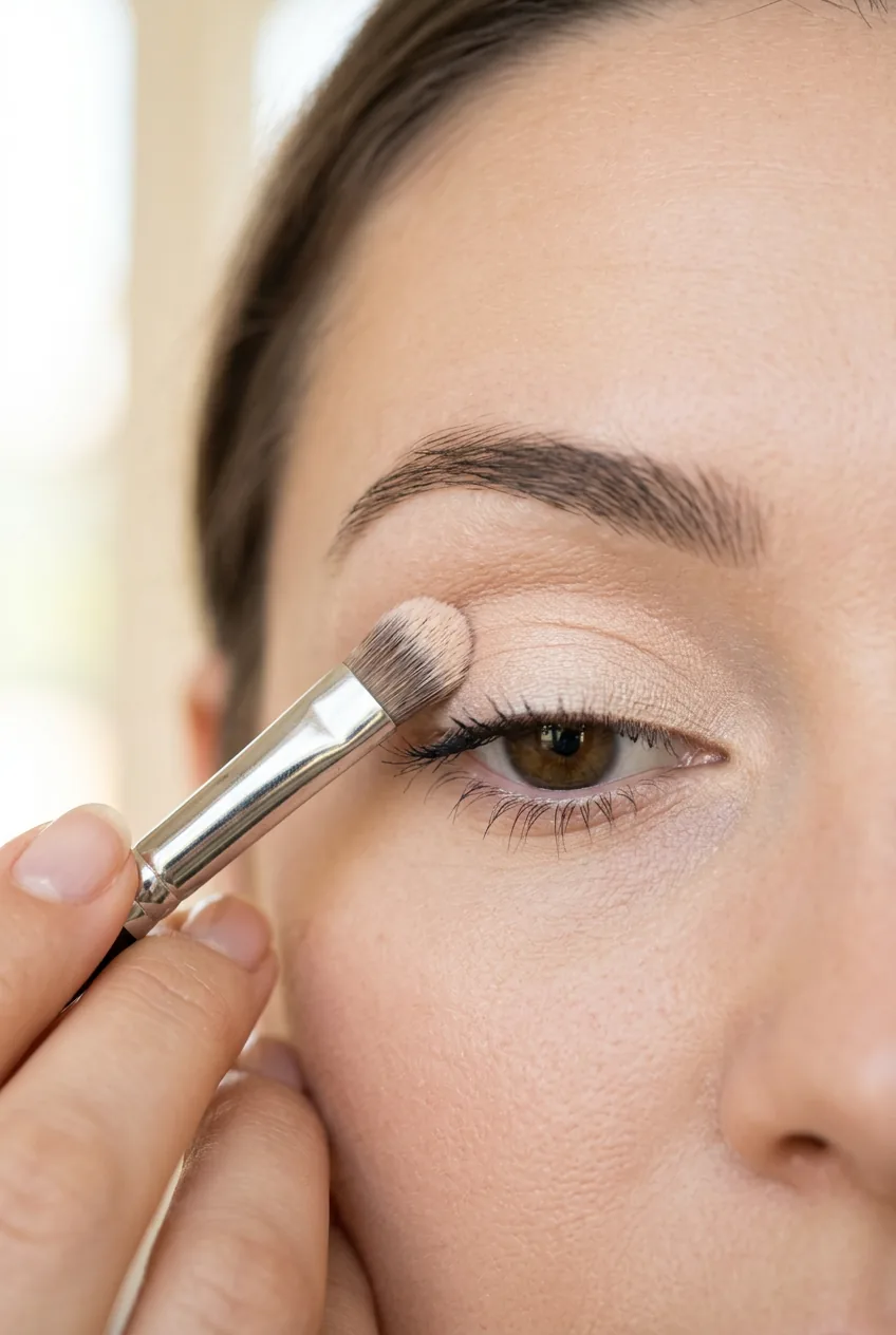 Close-up of light base eyeshadow being applied across mobile eyelid with flat shader brush showing even distribution