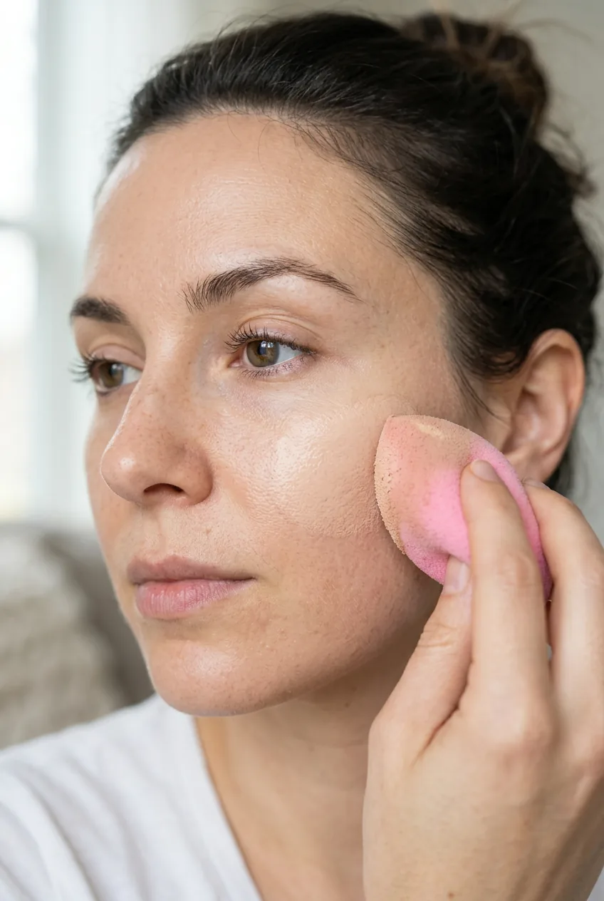 Beauty sponge blending light BB cream coverage on cheekbone with natural skin texture visible