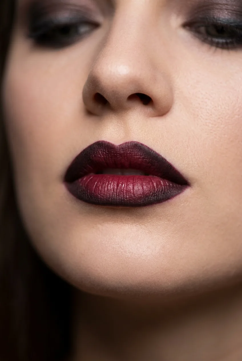 Close-up of lips with deep berry color over dark eyeshadow creating ombre effect