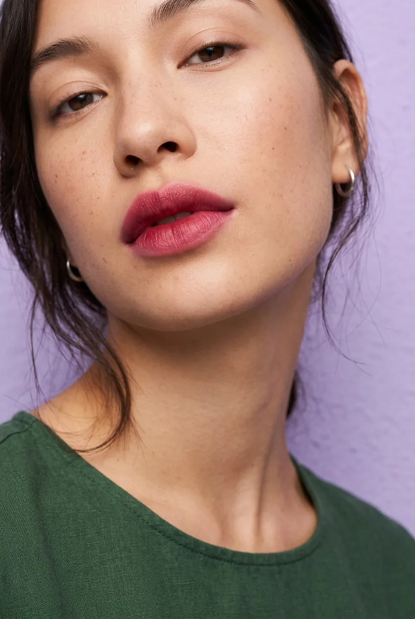 Woman with berry-stained lips in natural gradient application from center outward