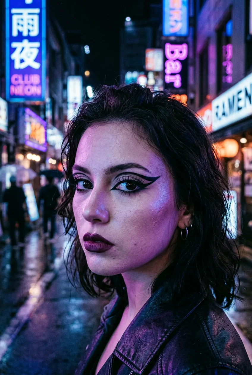 Woman wearing black eyeliner and pale foundation with purple and blue neon lights reflecting on her face