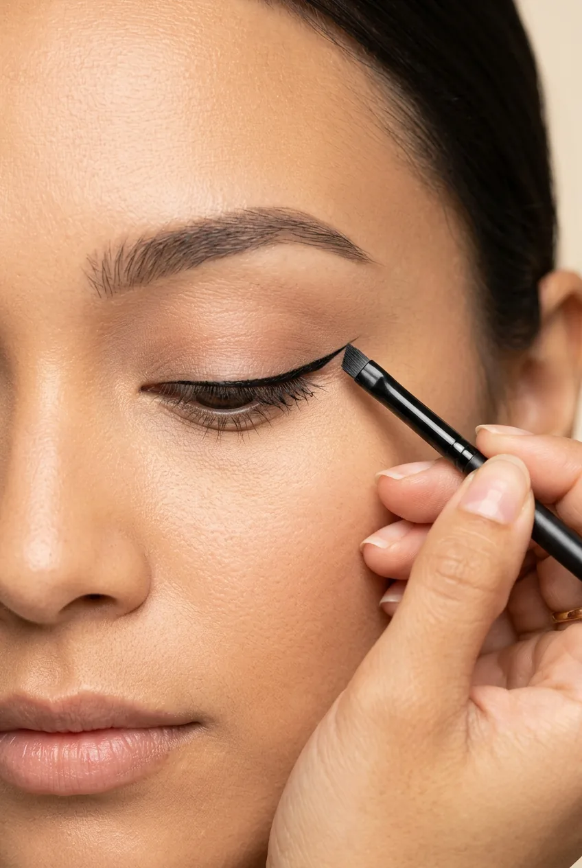 Angled brush applying black gel eyeliner along upper lash line with precise steady hand