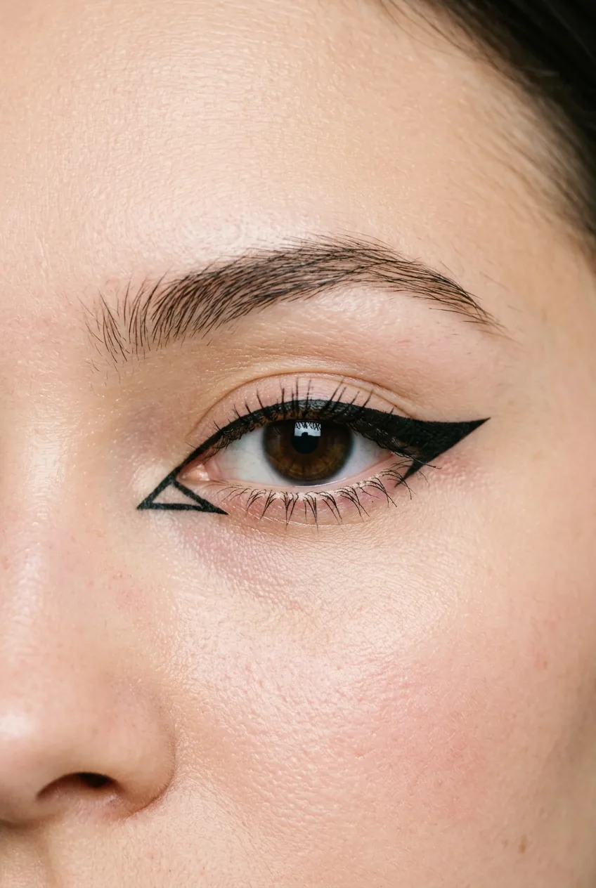 Eye with exaggerated black geometric triangle shapes drawn around natural eye area