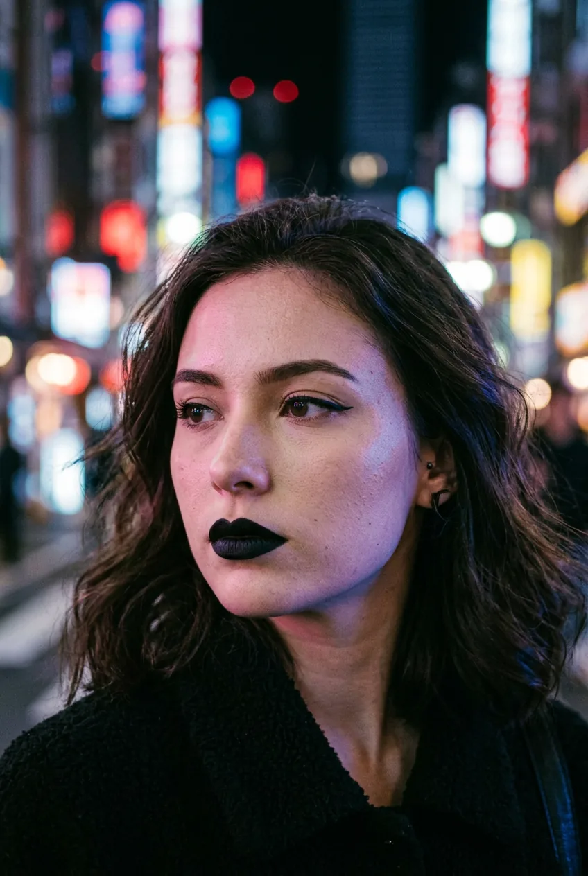 Woman applying perfect matte black lipstick with precise application technique in moody lighting