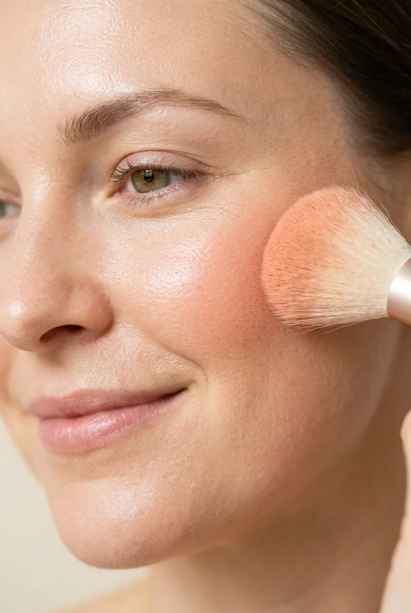 Peachy blush being applied to apple of cheek with fluffy makeup brush