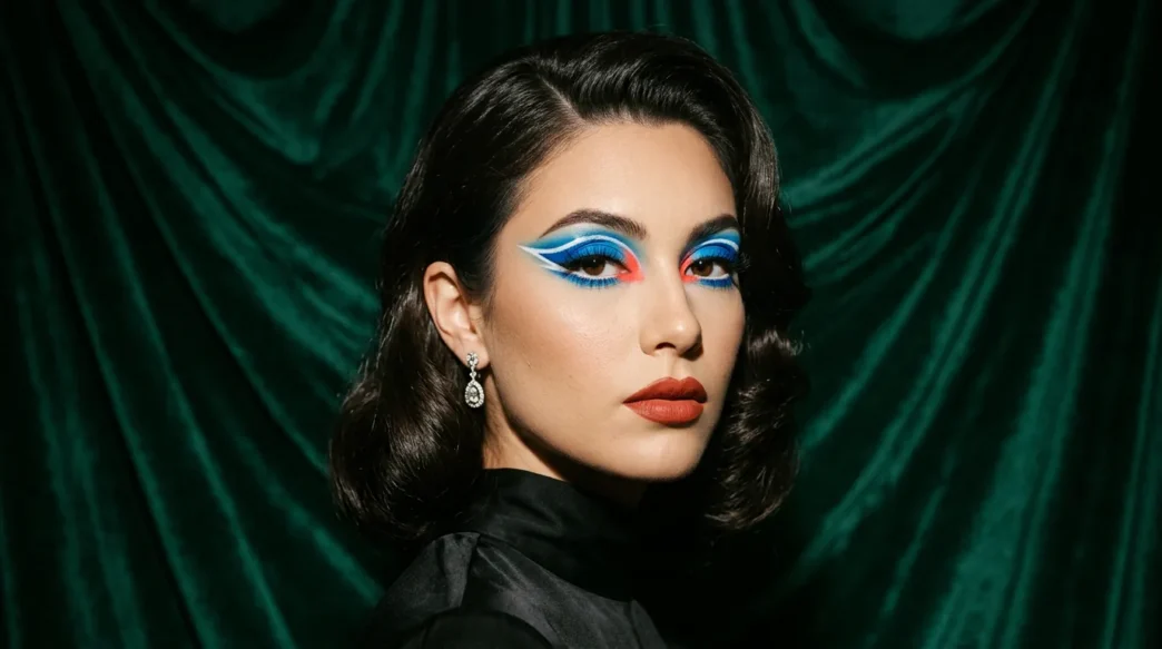 Woman with bold baddie makeup featuring graphic color blocking and dramatic festival-ready styling