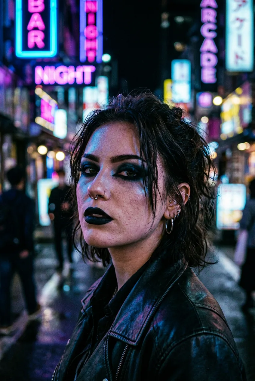 Woman wearing bold black lipstick and dramatic eye makeup with electric blue and pink neon lighting