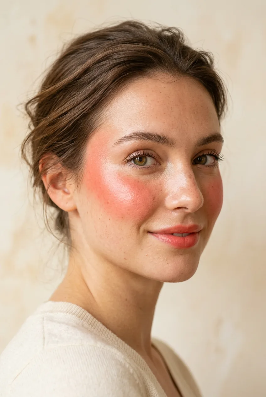 Woman with bold coral blush applied across cheekbones nose and temples