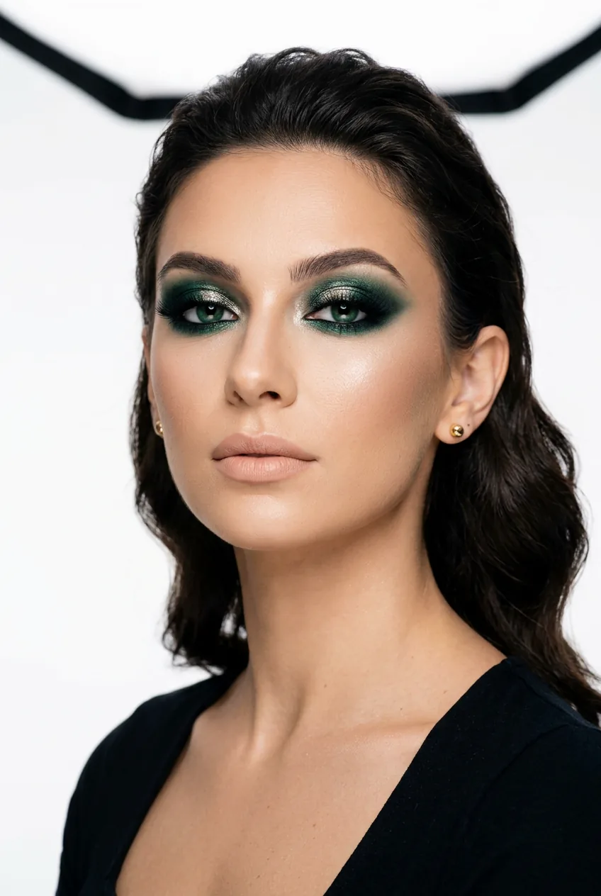 Woman with bold dramatic emerald smoky eye makeup and nude lips against white background