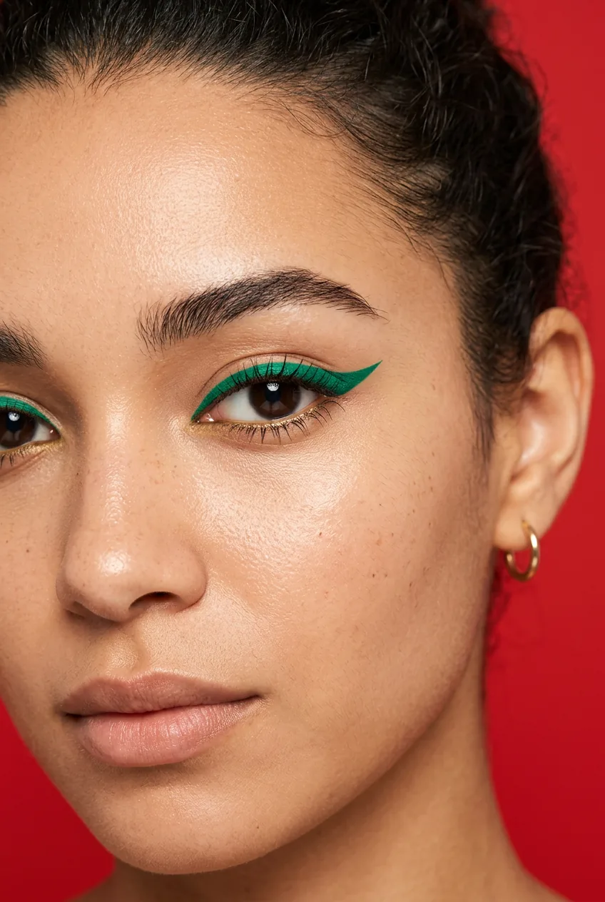 Woman wearing bold emerald green eyeliner in classic wing shape on upper lids