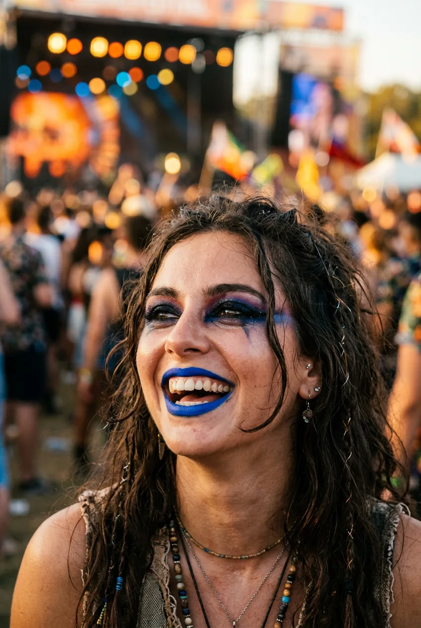 Woman with bold fearless halloween makeup featuring electric blue lipstick and dramatic color combinations