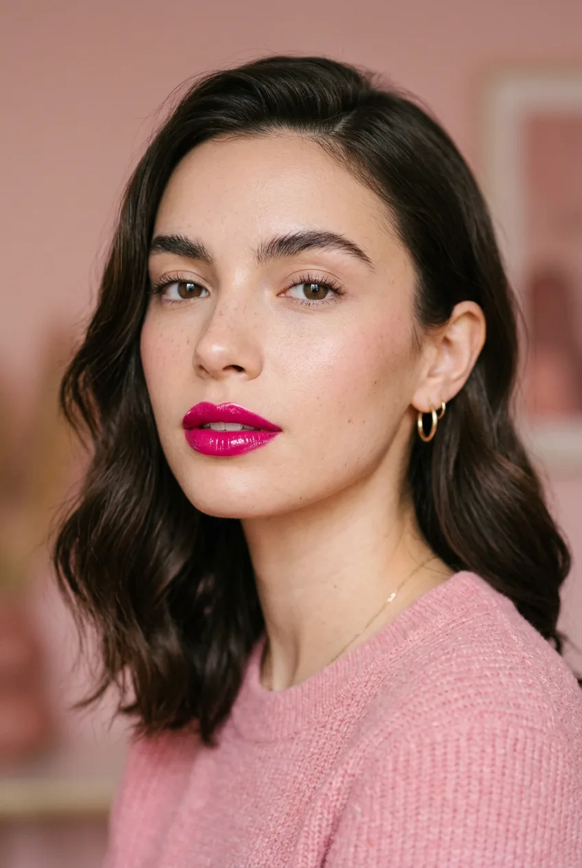 Woman wearing bold glossy pink lipstick with precise application and minimal other makeup