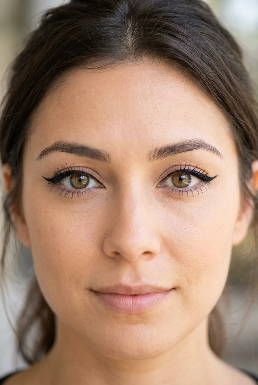 Both eyes showing completed balanced eyeliner application with natural slight differences between sides