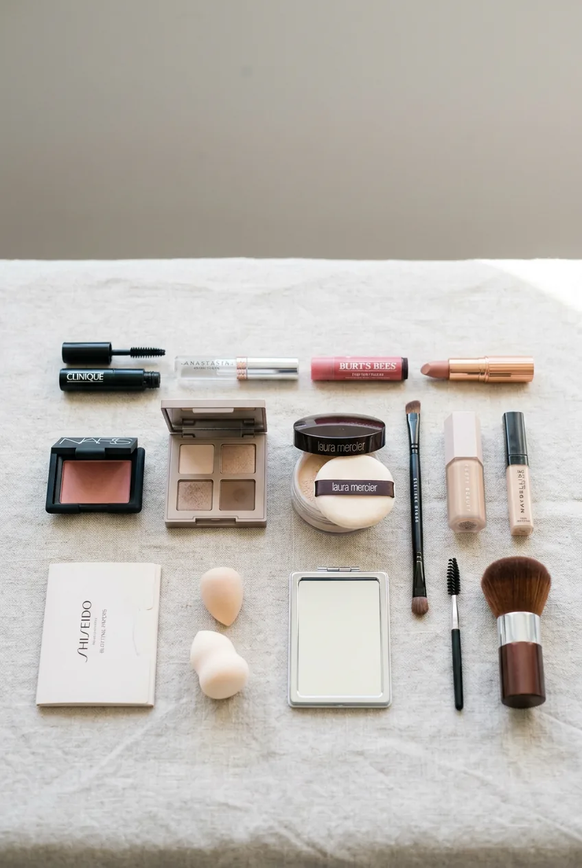 Overhead view of compact emergency makeup kit with essential touch-up products arranged neatly