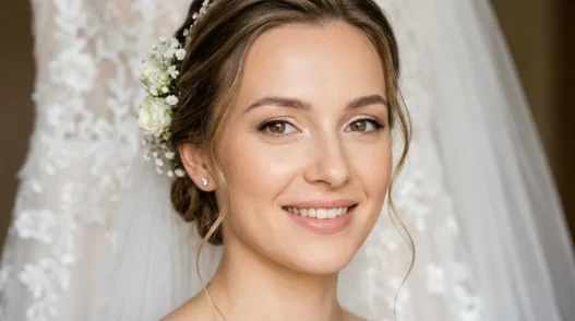 Bride with natural flawless makeup showing soft romantic bridal look in clean studio lighting