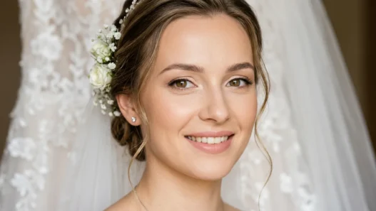 Bride with natural flawless makeup showing soft romantic bridal look in clean studio lighting