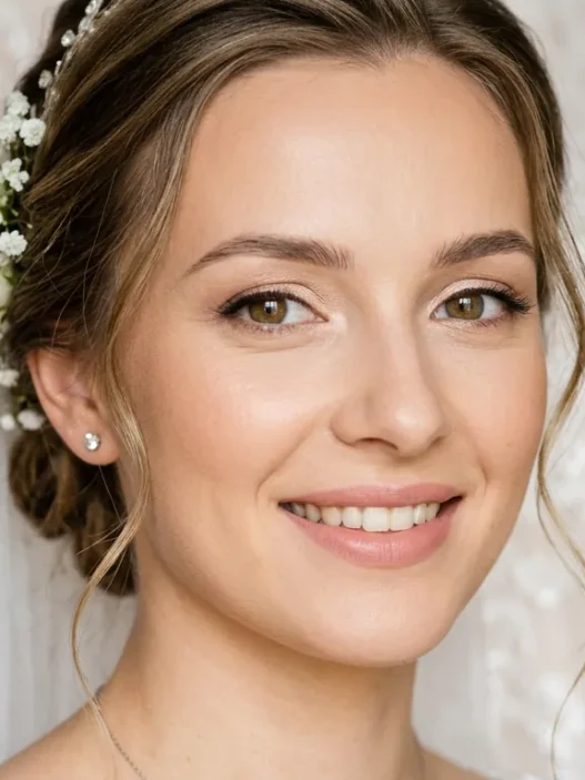 Bride with natural flawless makeup showing soft romantic bridal look in clean studio lighting
