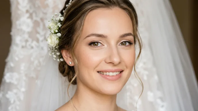Bride with natural flawless makeup showing soft romantic bridal look in clean studio lighting