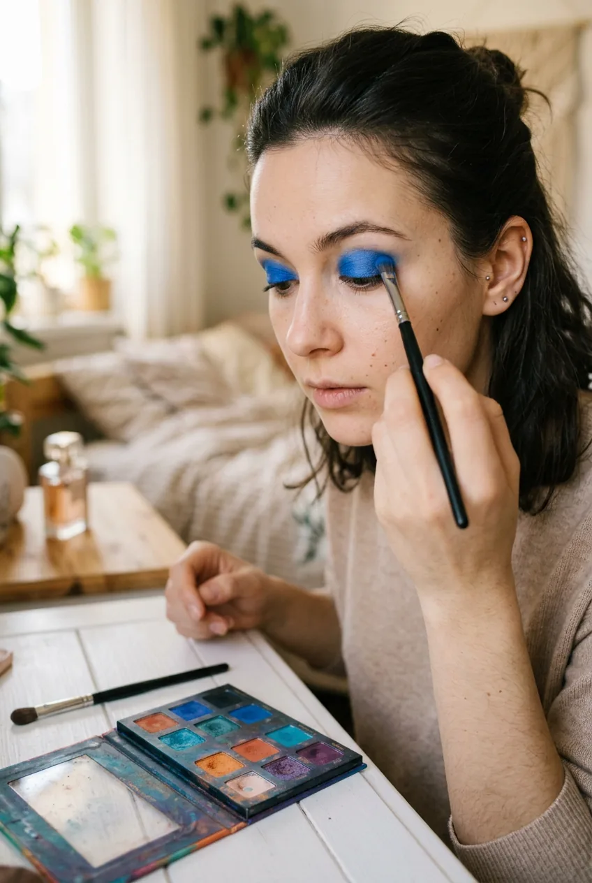 Close-up of woman applying bright blue eyeshadow from colorful makeup palette