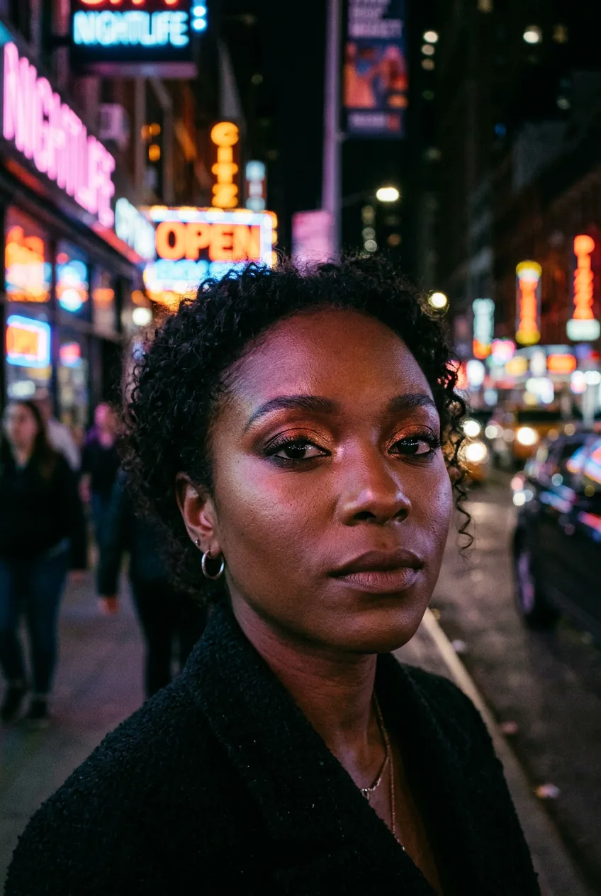 Woman with bronze and copper smudged eyeshadow on deeper skin tone in neon lighting