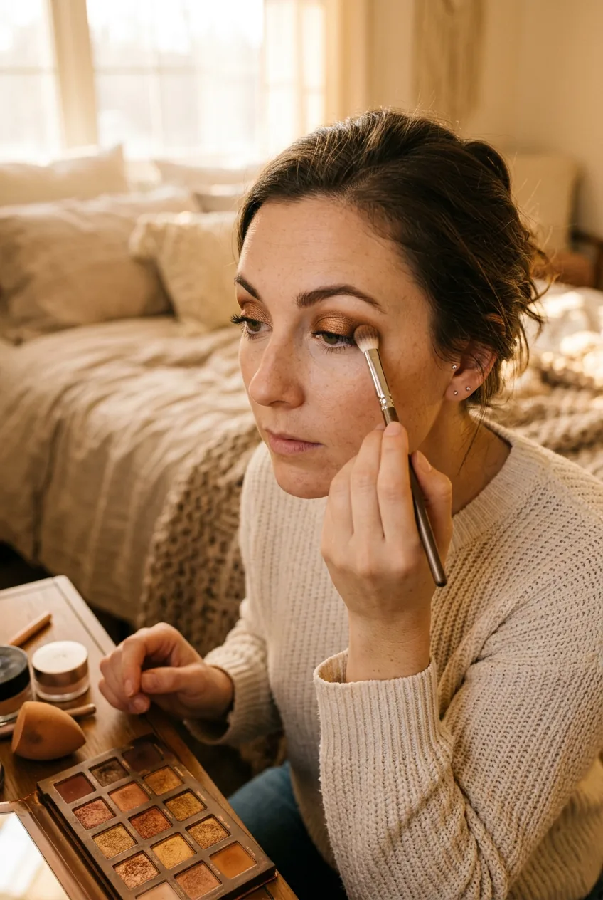 Close-up of woman applying bronze eyeshadow with fluffy brush in golden hour lighting