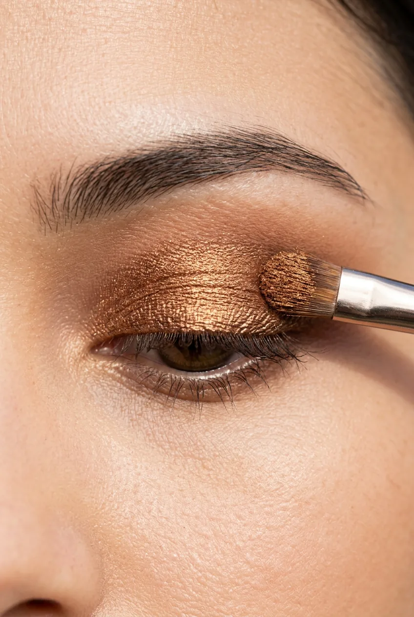 Detailed shot of rich bronze eyeshadow being packed onto mobile lid showing full color payoff and shimmer