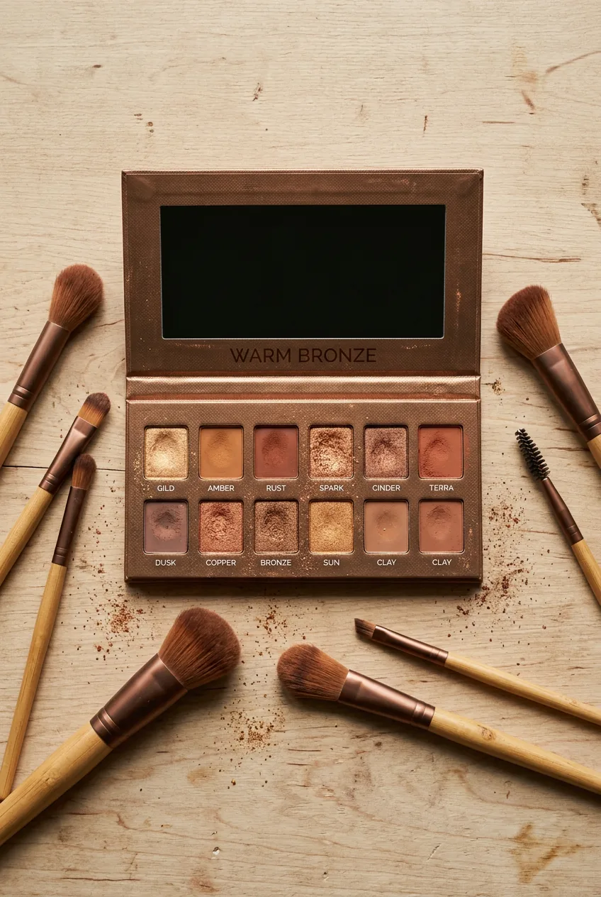 Overhead view of bronze eyeshadow palette with warm copper and brown shades