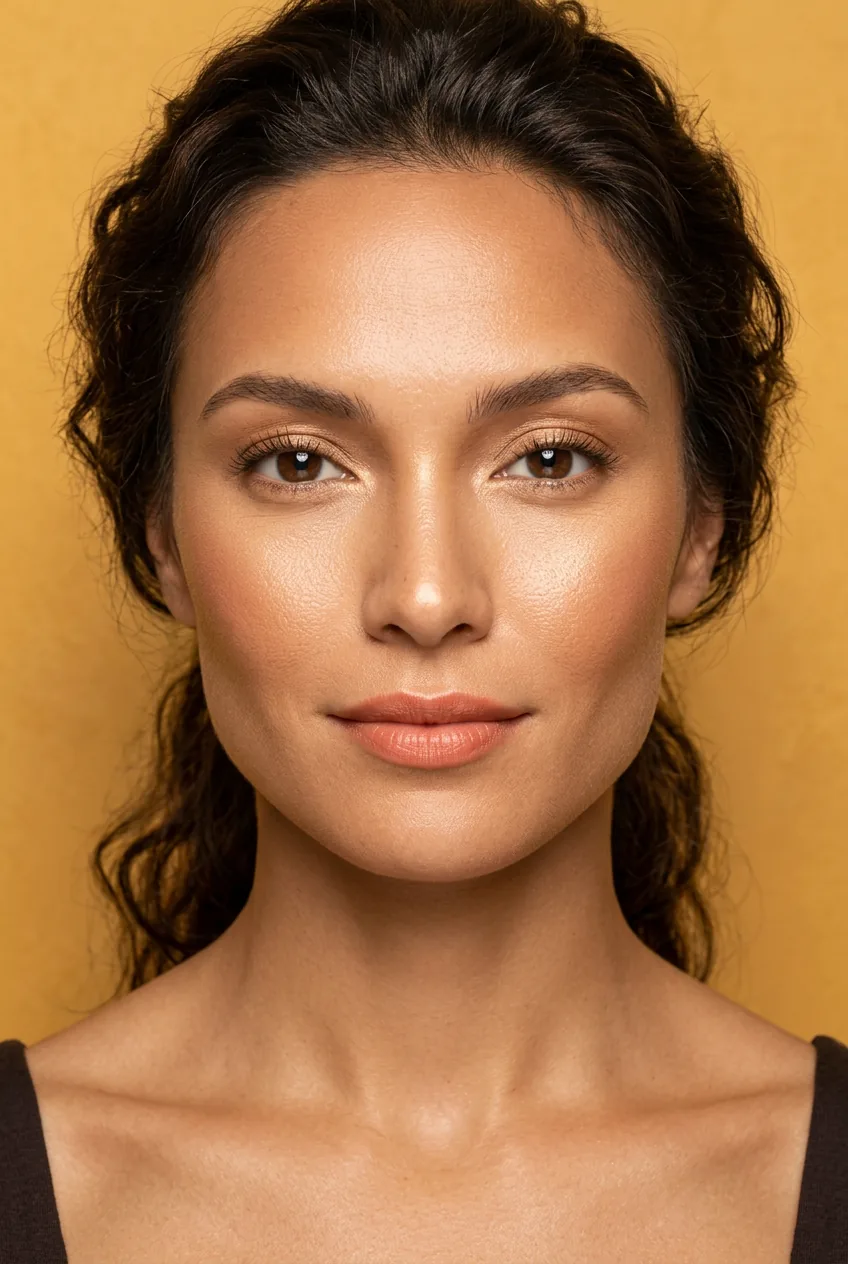 Woman with bronzed goddess glow highlighting temples cheekbones and bridge of nose