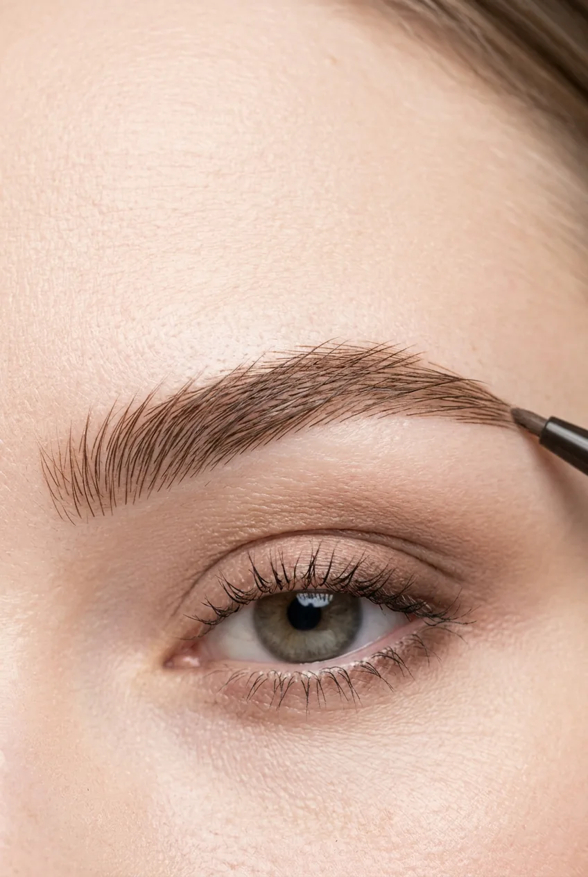Eyebrow pencil creating natural hair-like strokes to fill sparse brow areas