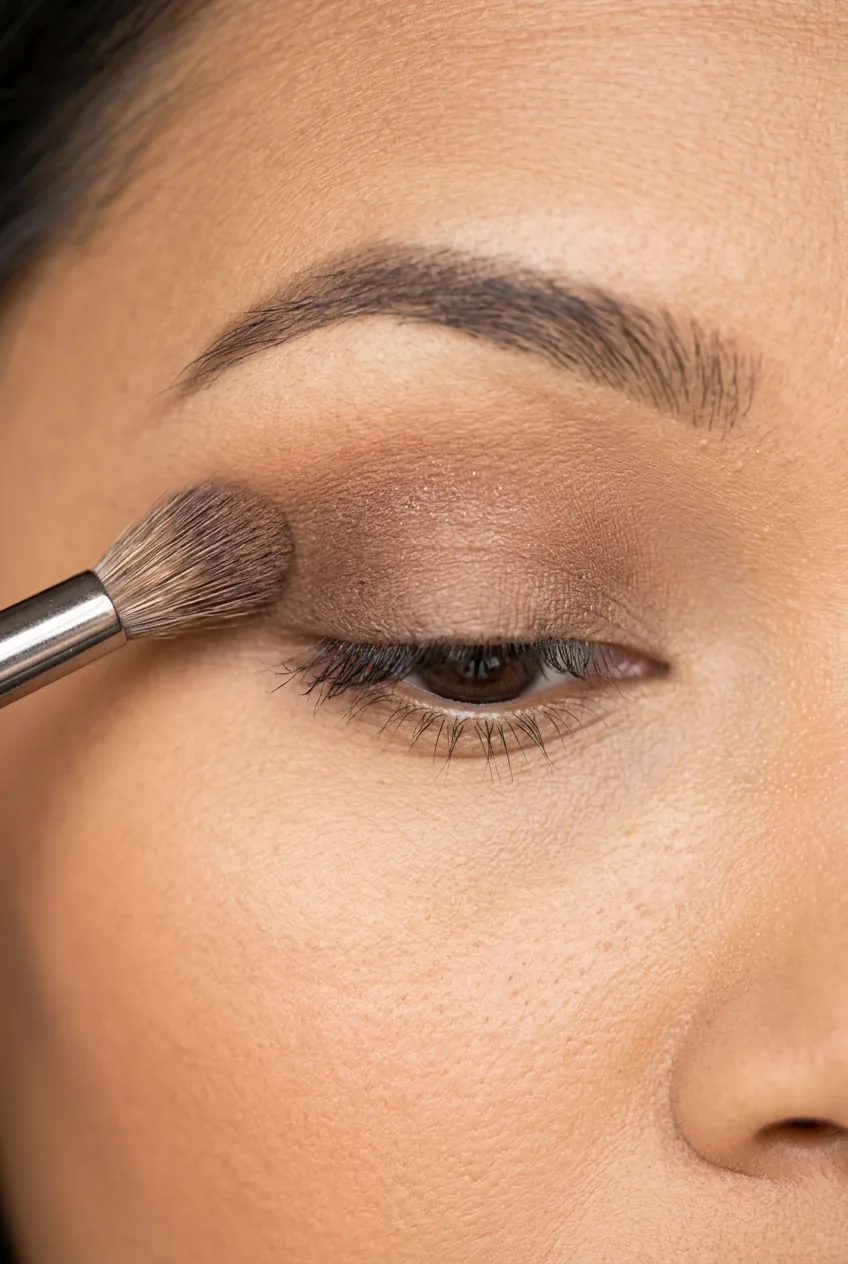 Fluffy brush blending brown eyeshadow in eye crease creating soft natural gradient