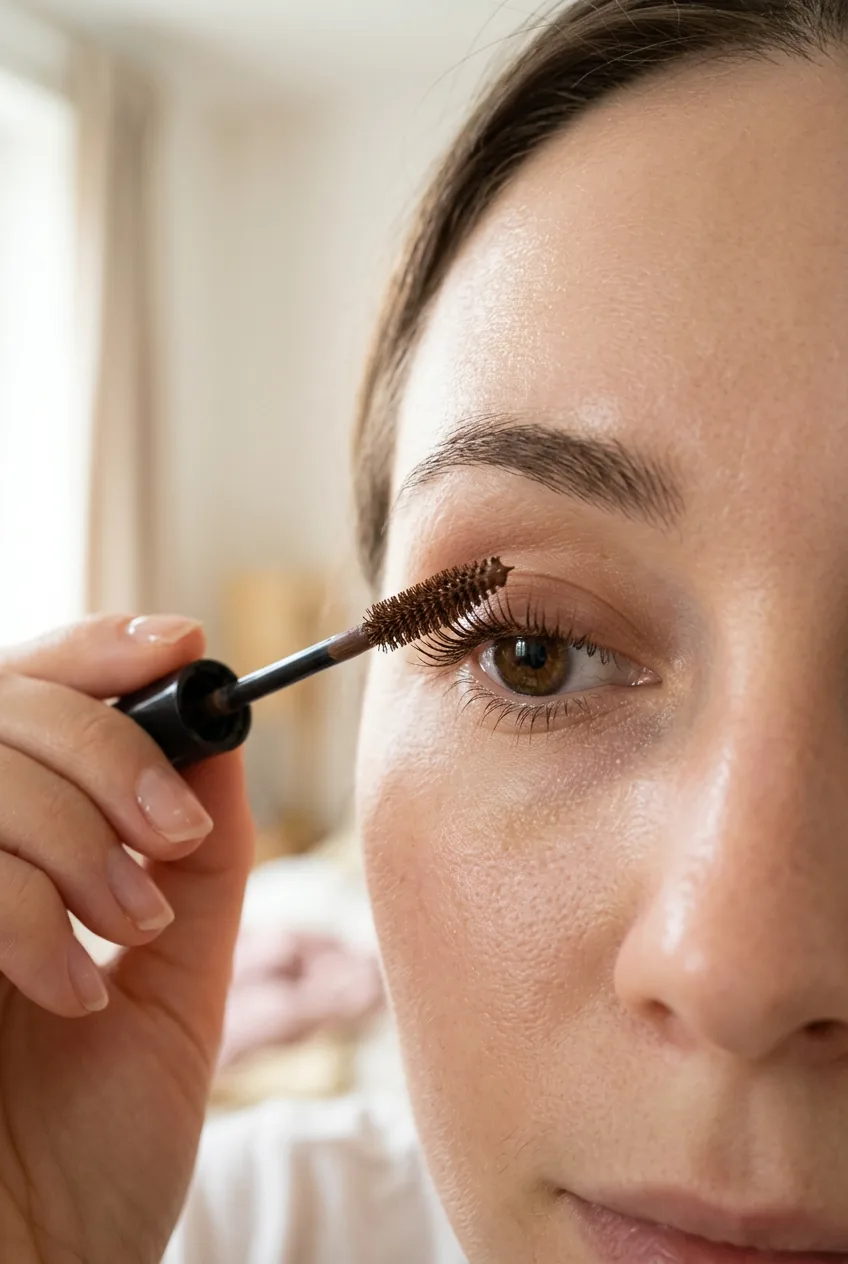 Single coat of brown mascara being applied to upper lashes focusing on separation technique