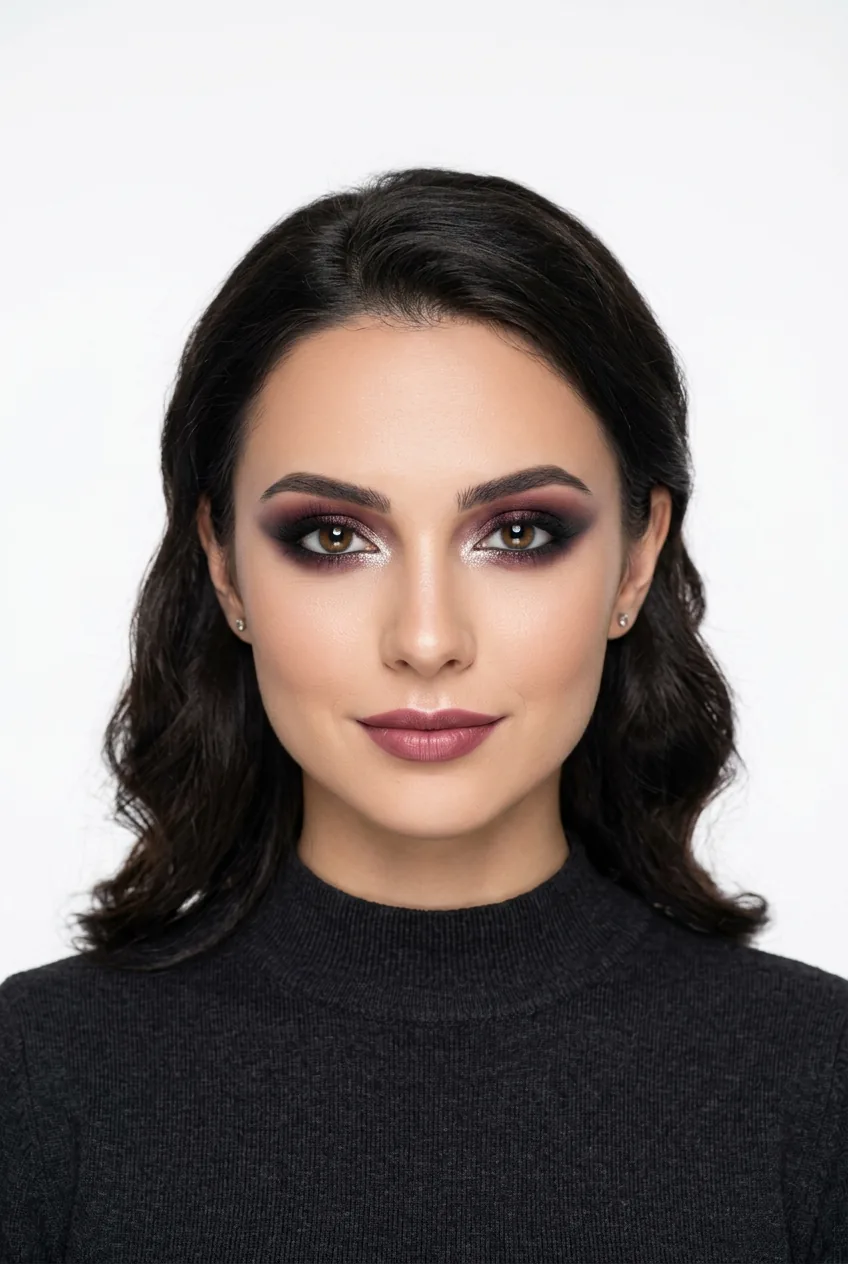 Woman wearing sophisticated smoky eye makeup in burgundy and plum tones with gray accents