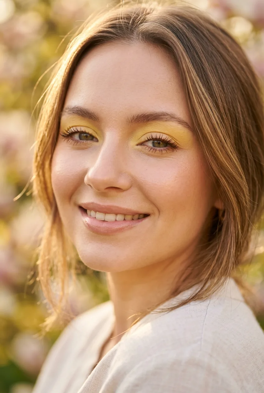 Woman with soft buttery yellow eyeshadow and warm brown mascara