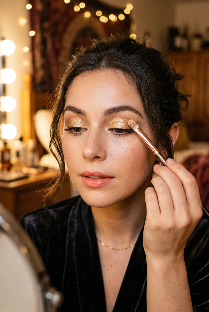 Woman applying golden champagne eyeshadow with makeup brush under vanity lighting