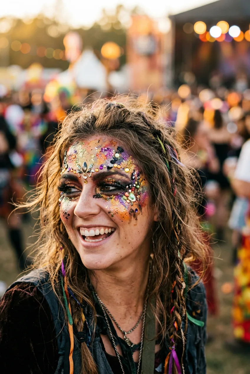 Woman wearing chaotic beautiful halloween makeup mixing multiple bright colors and textures together
