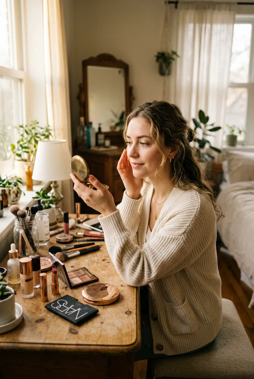 Woman checking completed makeup look in compact mirror at product-filled vanity