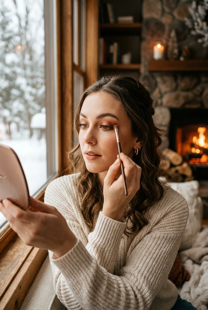 Close-up of woman applying cinnamon eyeshadow by winter window with golden light