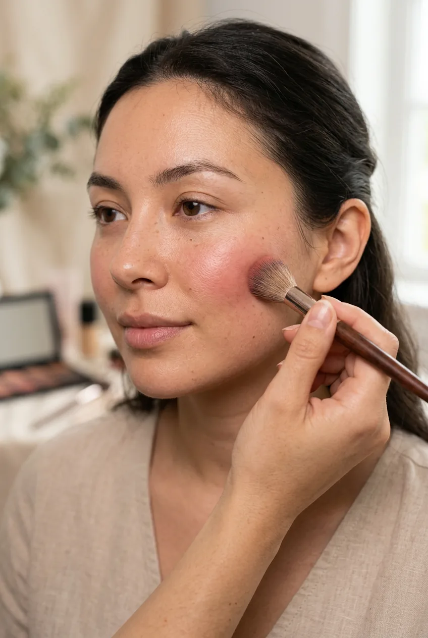 Gentle circular blending motion of cream blush on cheek apple with natural skin texture visible
