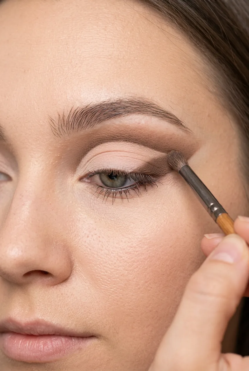 Classic cut crease technique showing medium brown shade pressed into natural crease line