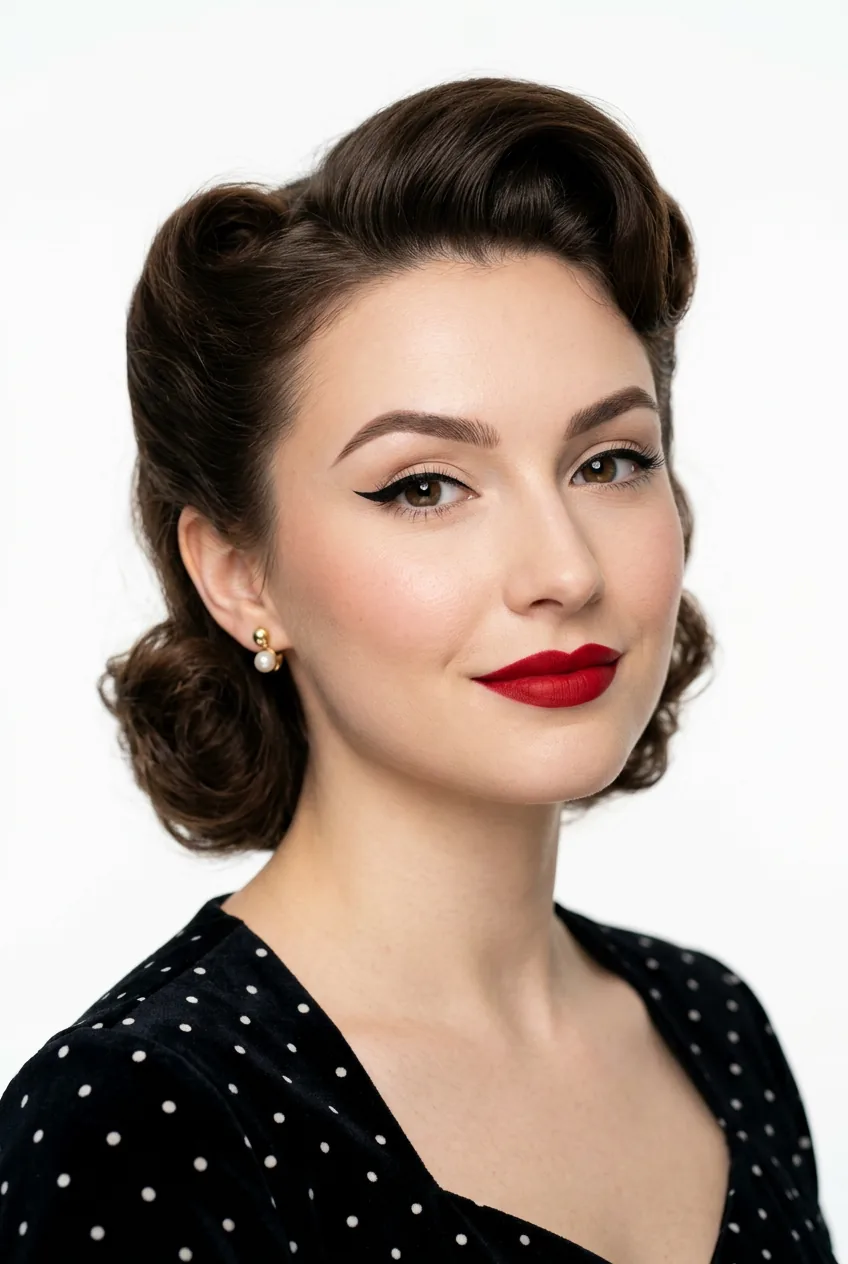 Woman wearing classic pin-up makeup featuring sharp winged eyeliner and bright red lipstick